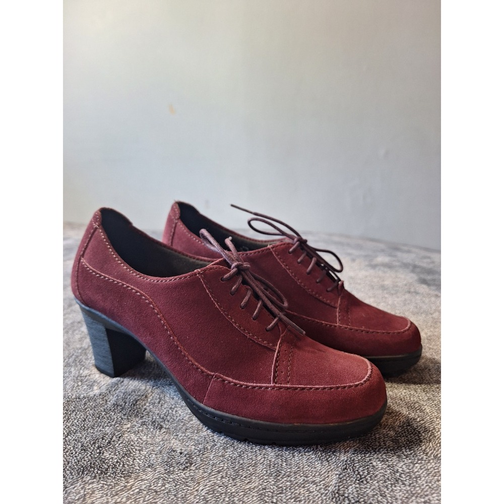 Clarks Bendables Leather Kitten Oxford Block Heel Shoes Womens‎ 6.5 Burgundy
